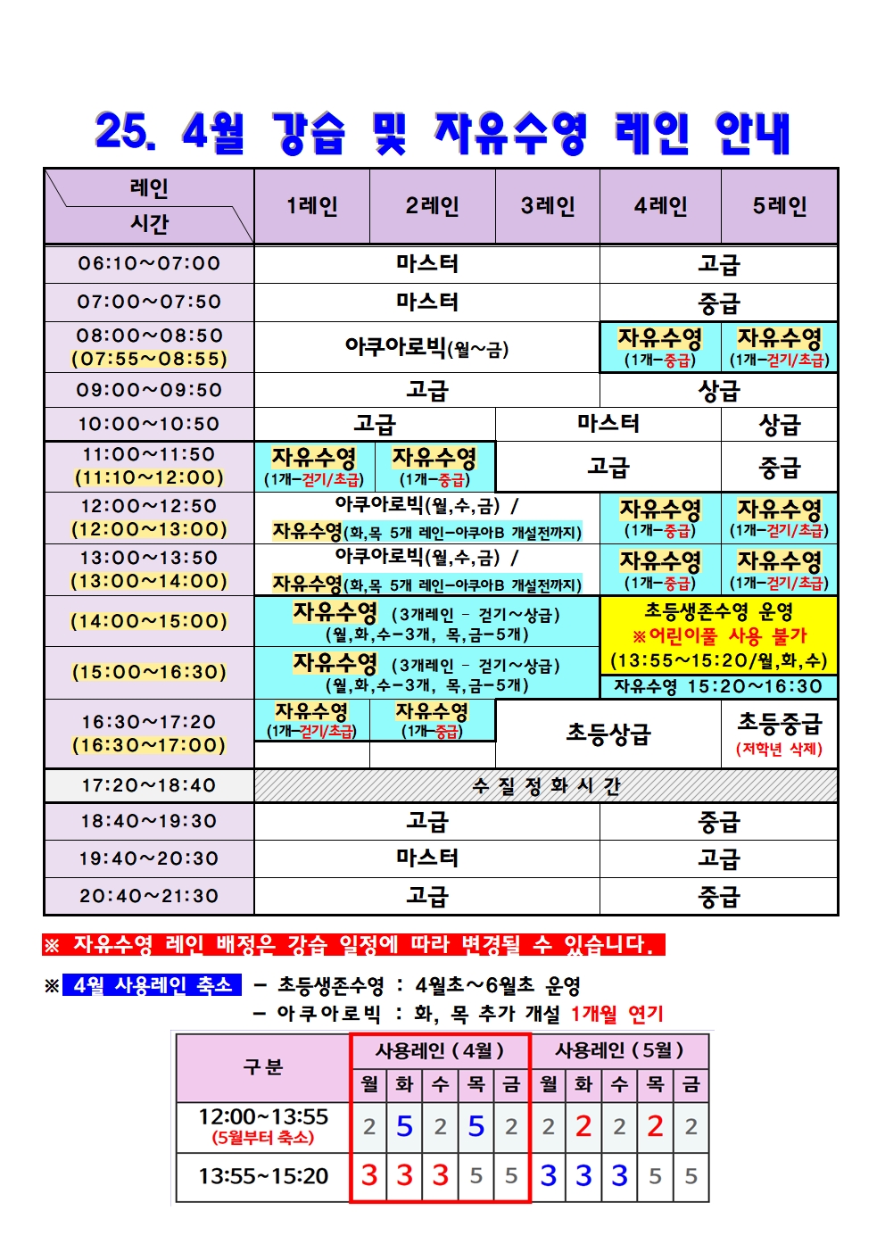 5월 강습 및 자유수영 레인 안내